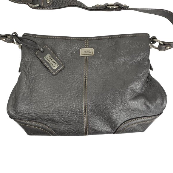 The Sak Metallic Gray Pebbled Leather Shoulder Bag Textured Strap w/ Charm - Picture 2 of 14